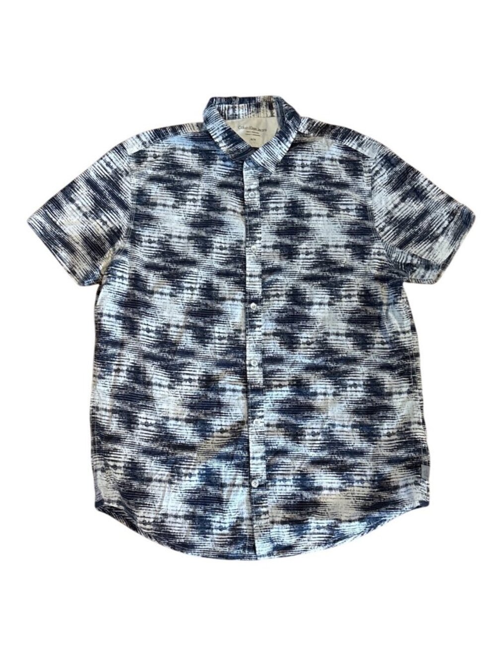 Calvin Klein Shirt Men M Blue White Abstract Tie Dye Pattern Short Sleeve Button